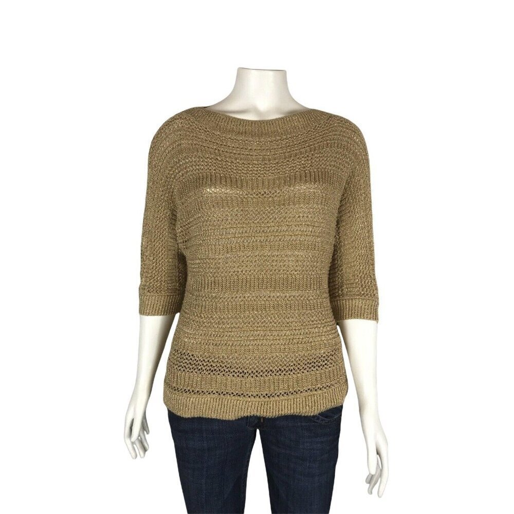 Chicos Travelers Womens Sweater Size 0 Small 4 Gold 3/4 Dolman Sleeve Open Knit - Picture 1 of 7